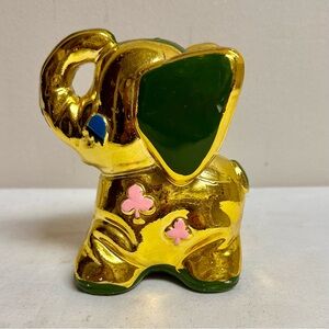 Vintage Gold Ceramic Elephant Figurine Piggy Bank  Green and Pink Accents Japan